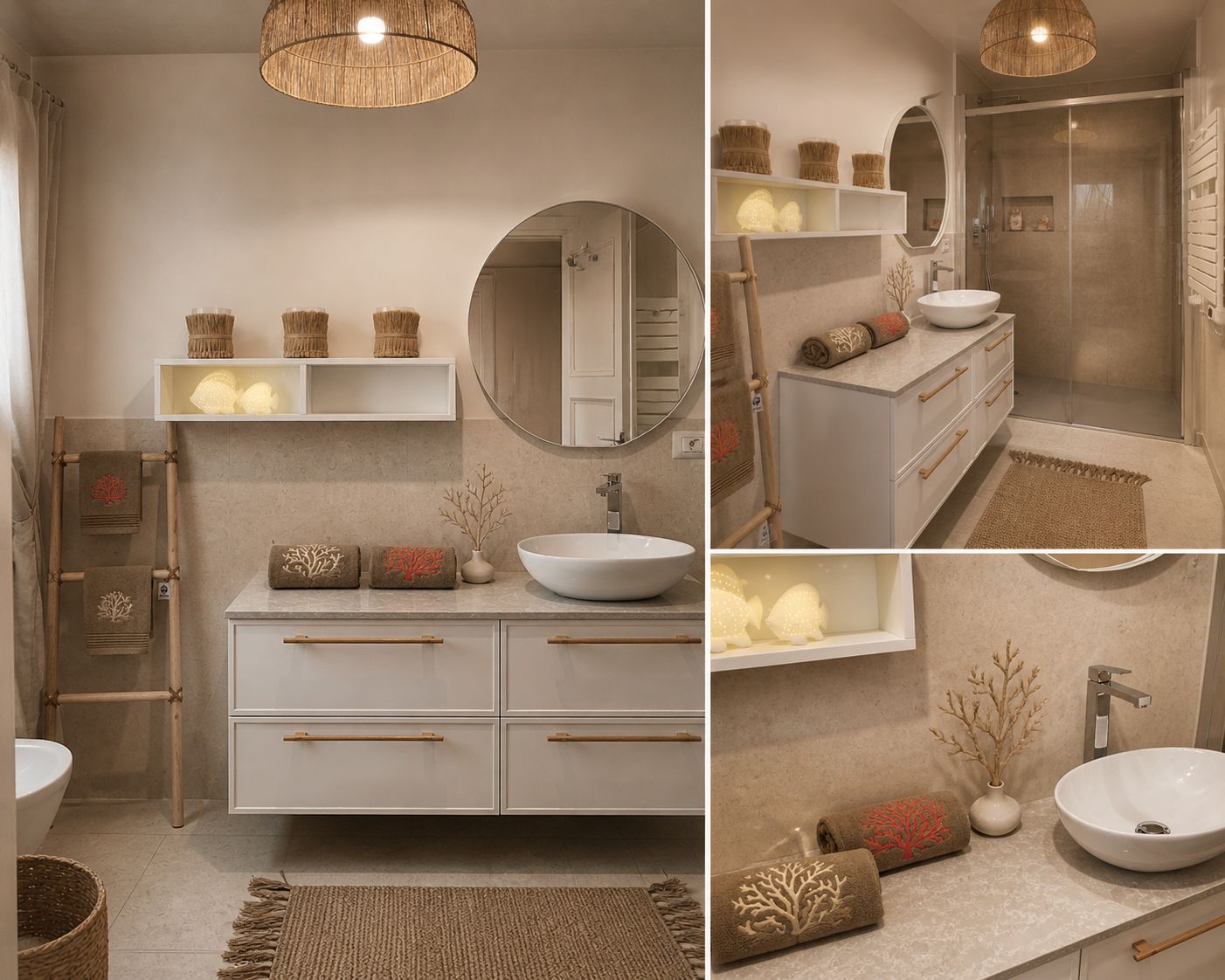 Bagno bianco con dettagli in rattan e corallo