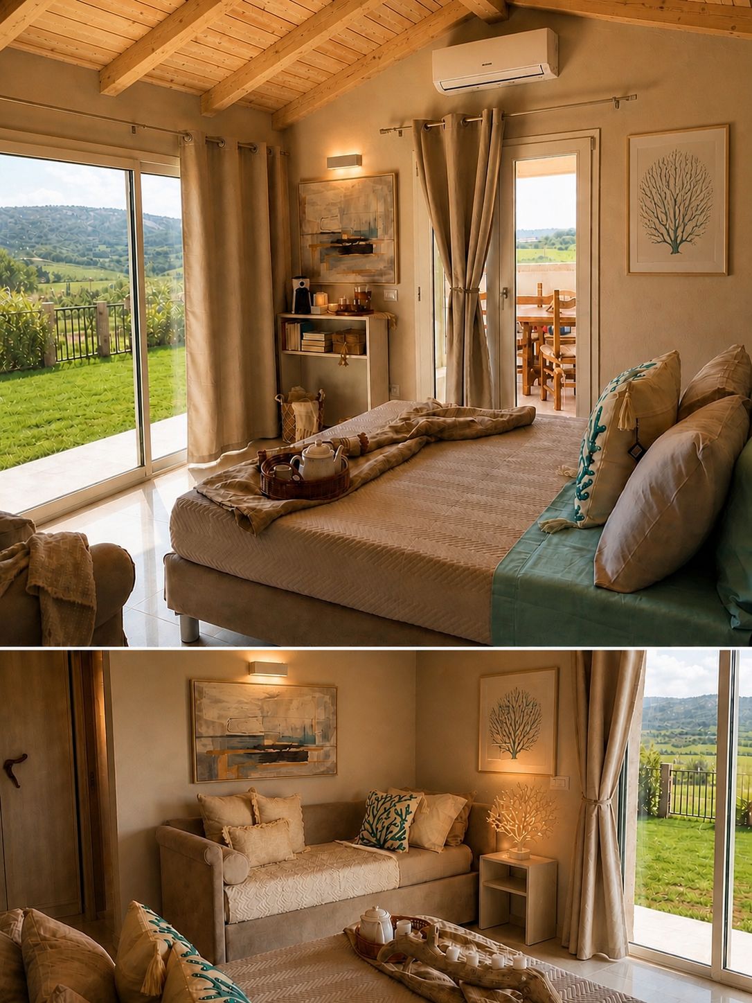 Camera con vista sulle colline e tetto in legno